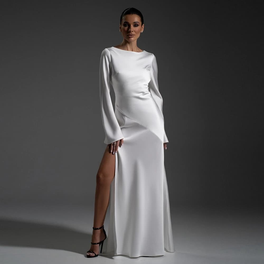 Robe de bal élégante en satin blanc avec fente haute, manches longues en taffetas, robe de mariée mo