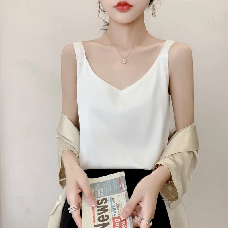 Camisole en soie pour femmes, costume d'été à l'intérieur, col en v, gilet à bascule en Satin, fin, 