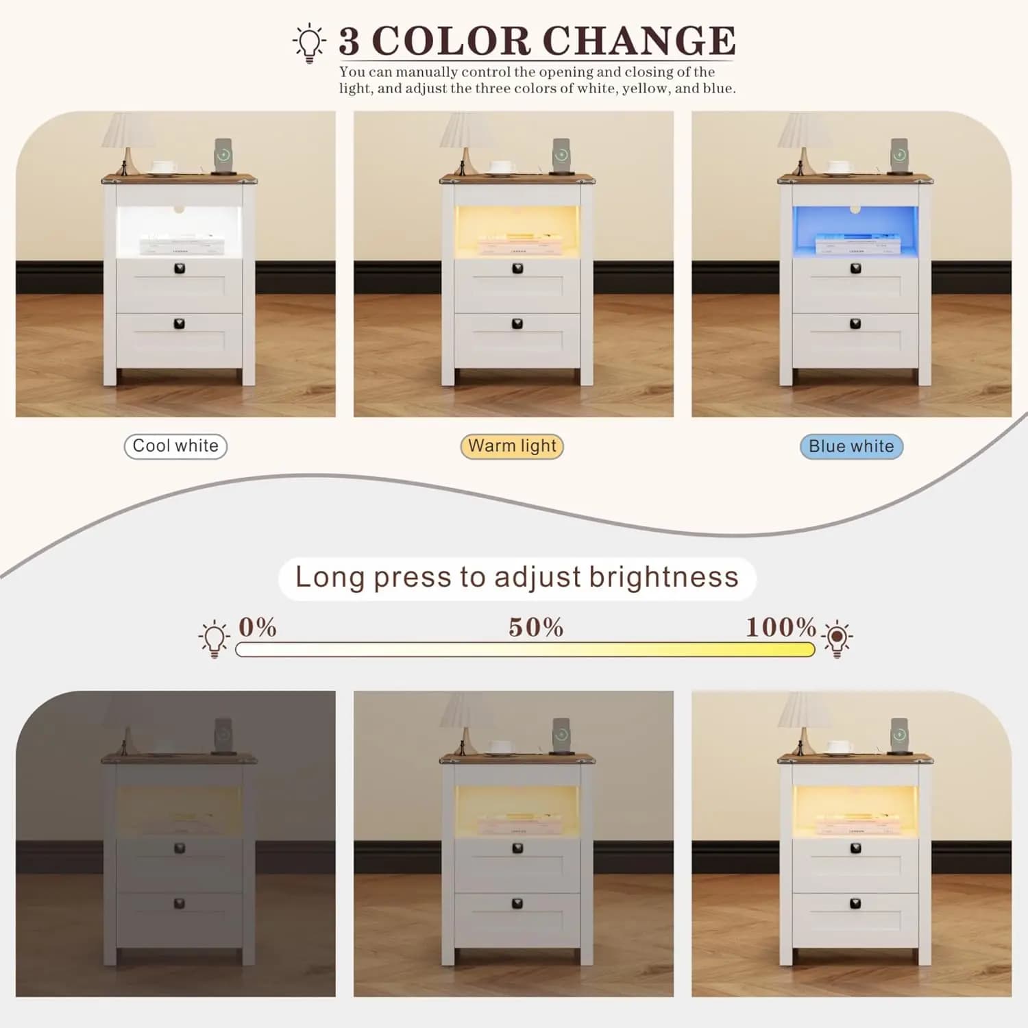 Ensemble de 2 tables de chevet LED avec tiroir pour armes à feu : Table de chevet avec station de ch