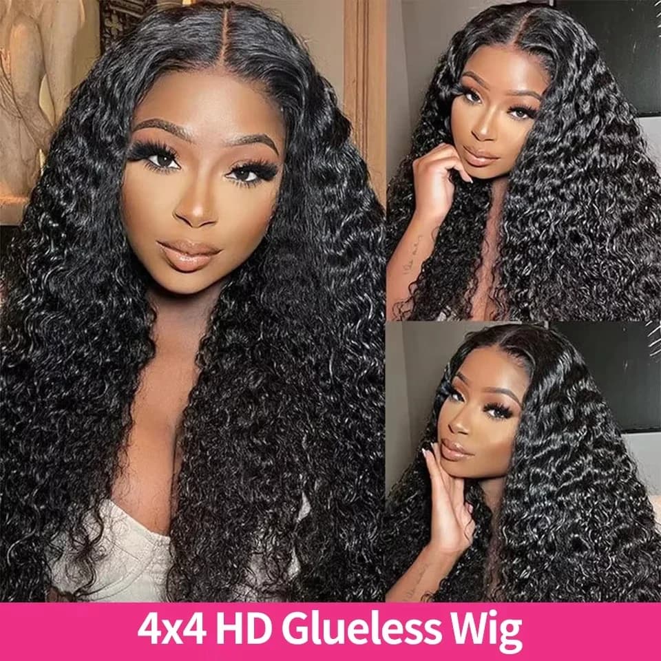 Perruque Lace Front Wig sans colle bouclée 4x4 5x5, couleur naturelle, Deep Wave, pre-coupée, brésil