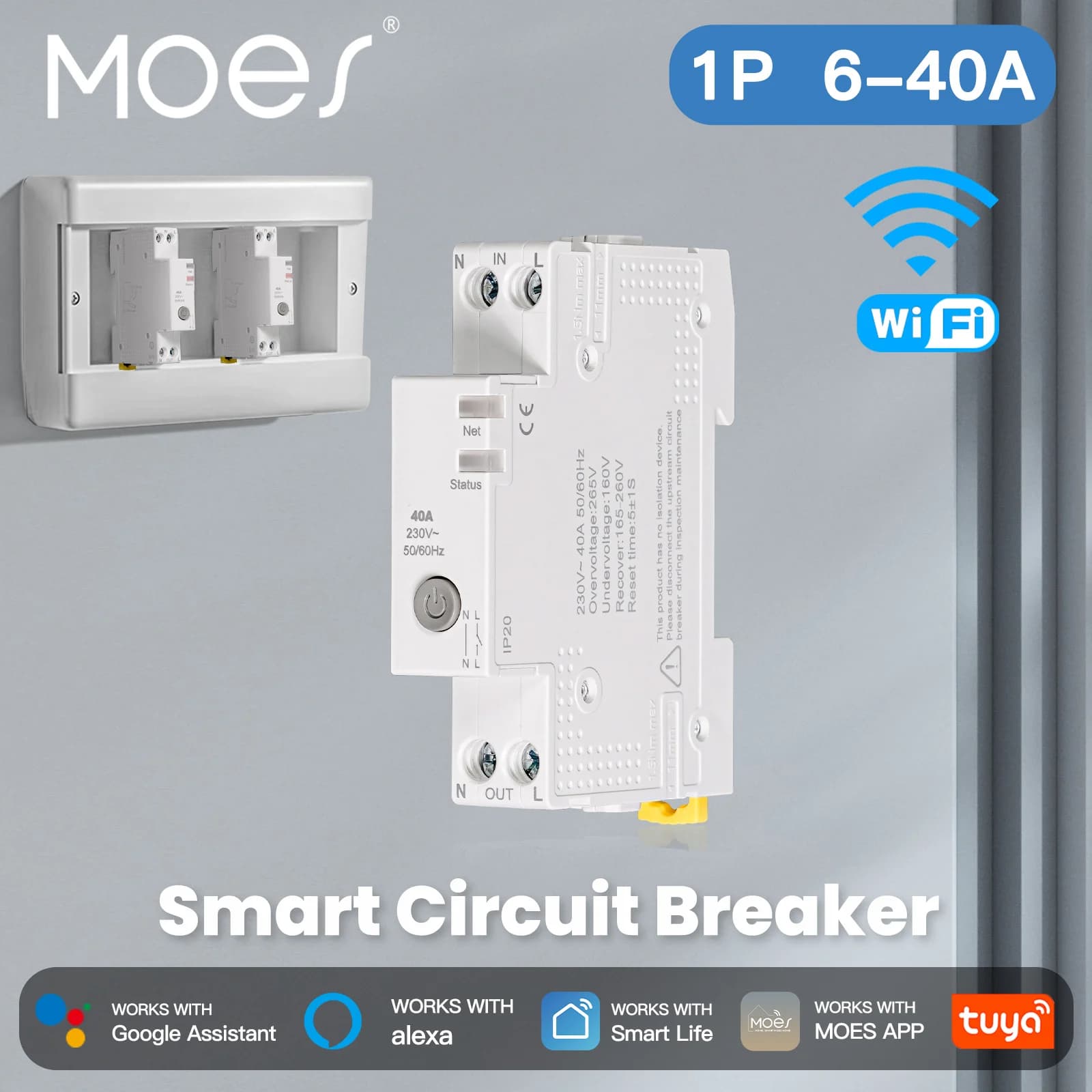 MOES – disjoncteur intelligent WiFi Tuya 40A, ensemble de seuil d'alarme, moniteur d'électricité V0,