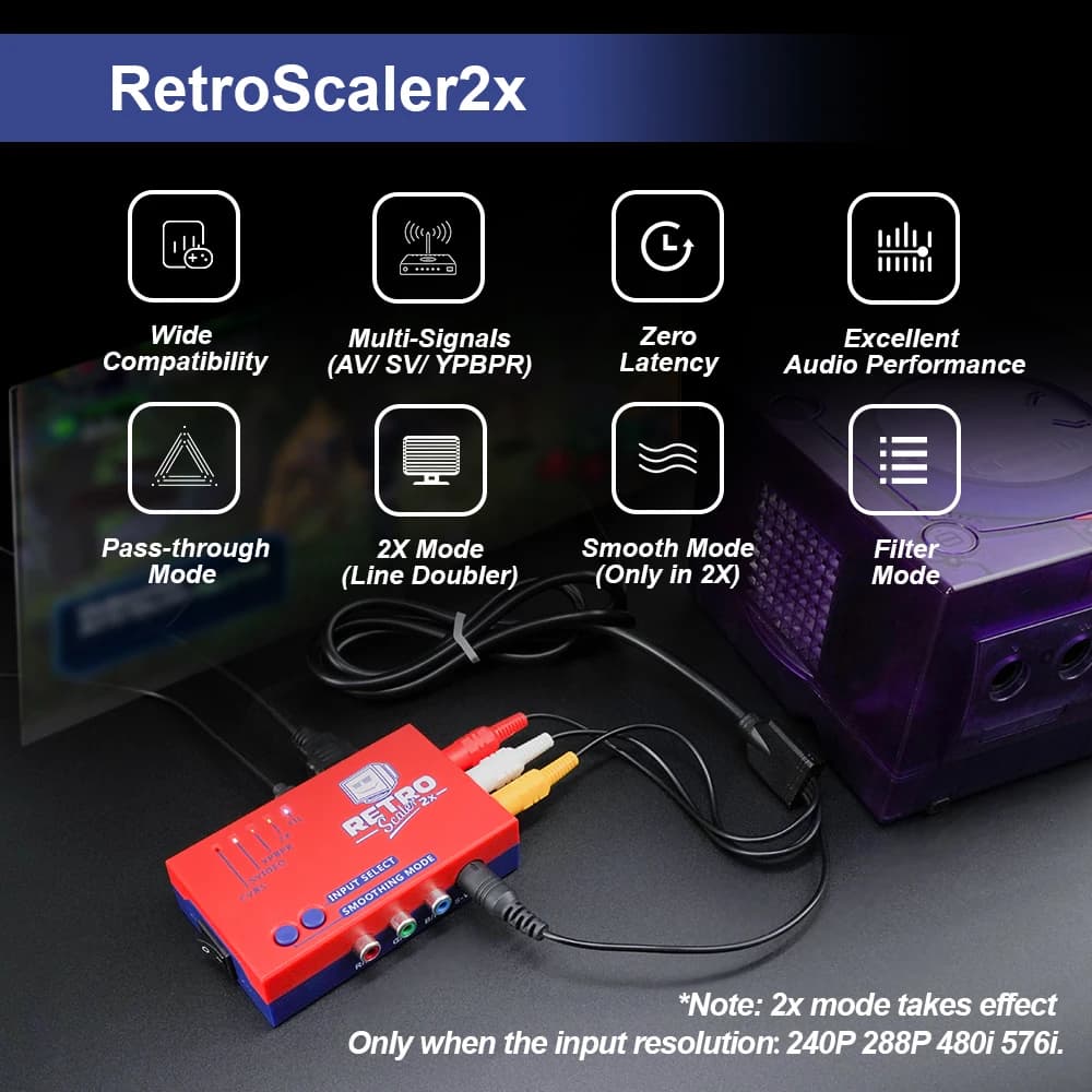 RetroScaler2x AV vers HDMI ®   Convertisseur et ligne-doubulleur pour consoles de jeux rétro PS2 N64