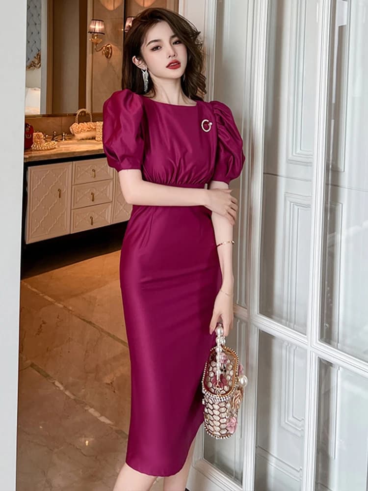 Robe de Soirée Élégante en Satin pour Femme, Tenue de Bureau, Violet, Col Rond, Mince, Midi, ix, Bal
