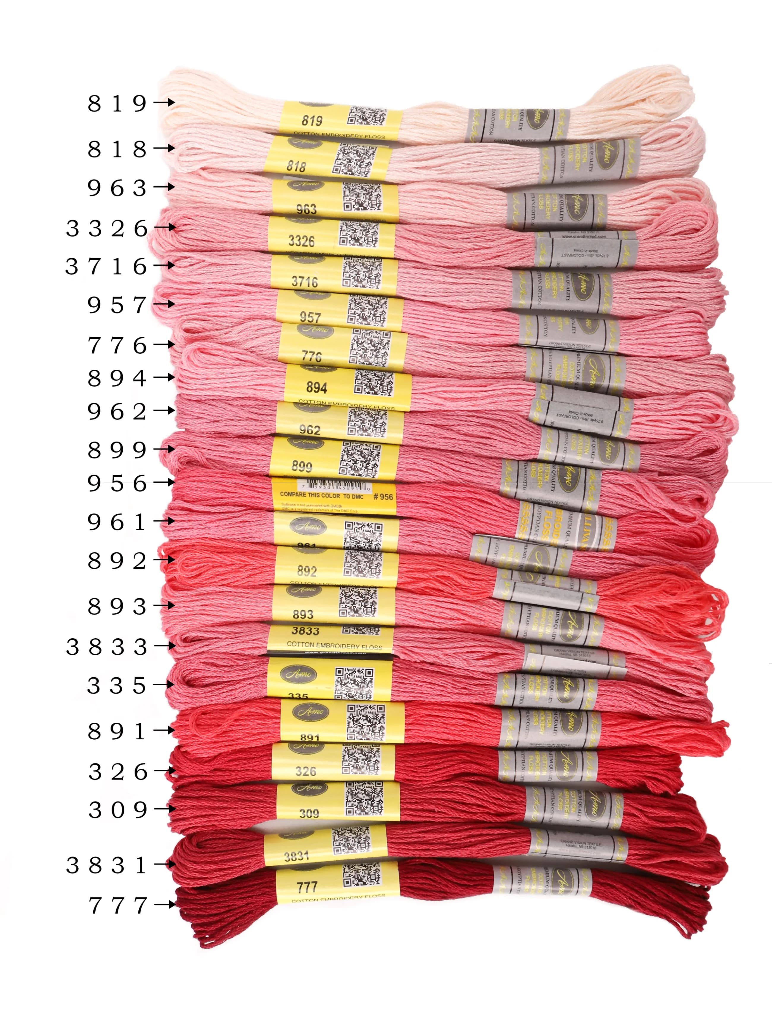 Ensemble de 12 écheveaux de couleur rouge et rose, fil à broder en coton égyptien mercerisé de 8 mèt