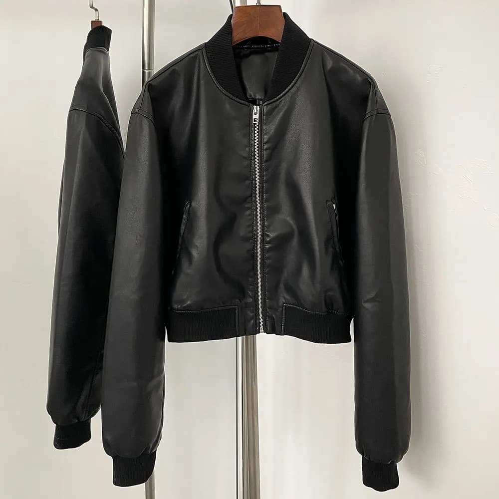 Manteau court en cuir de couleur unie pour femme, cardigan court à fermeture éclair, style rétro, dé
