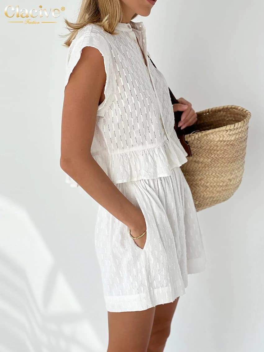 ClacMarkets-Ensemble 2 Pièces Décontracté pour Femme, Haut en Fibre Précieuse, Blanc, Taille Haute, 
