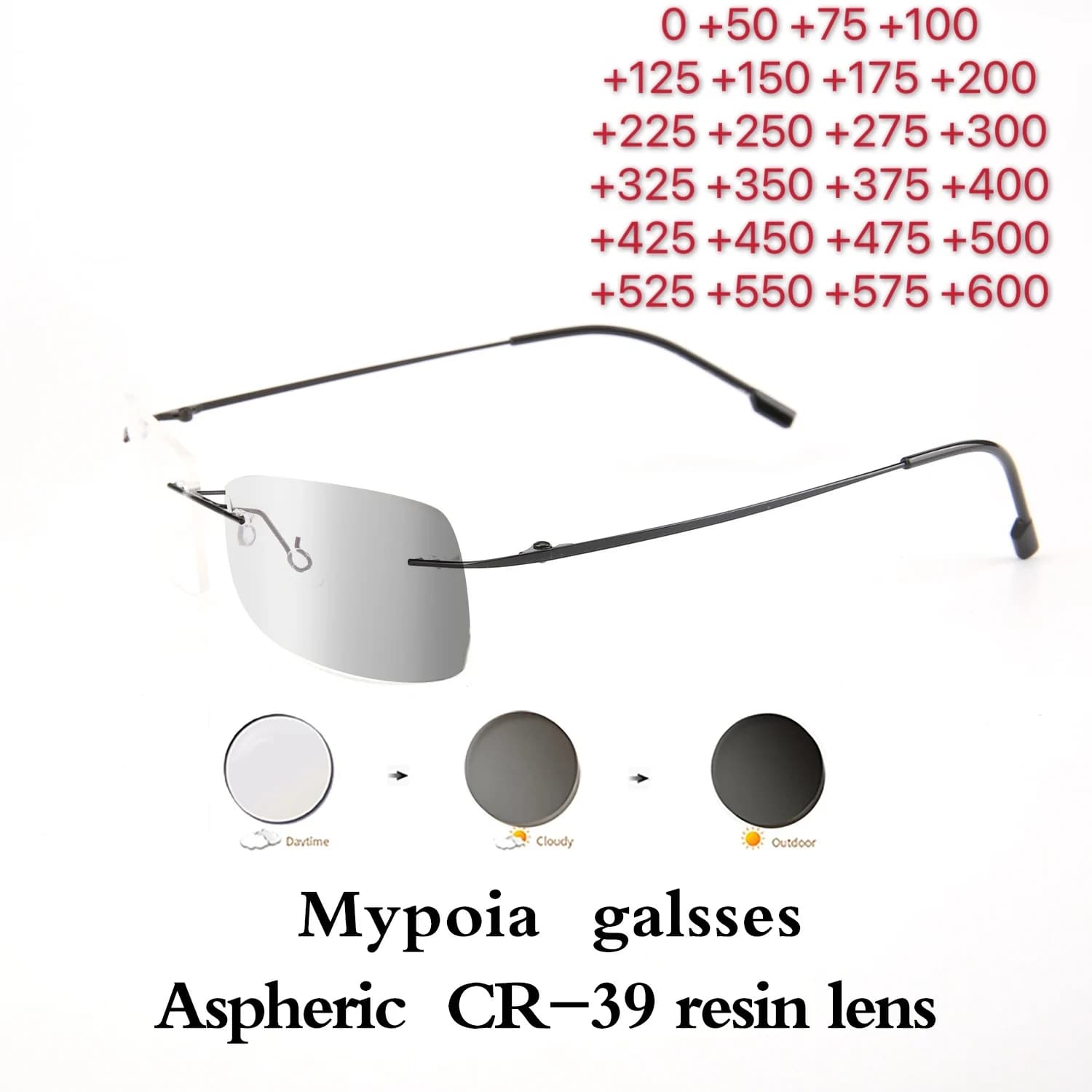 Lunettes de soleil photochromiques pour myopie, ultralégères, sans cadre, lunettes optiques finies, 