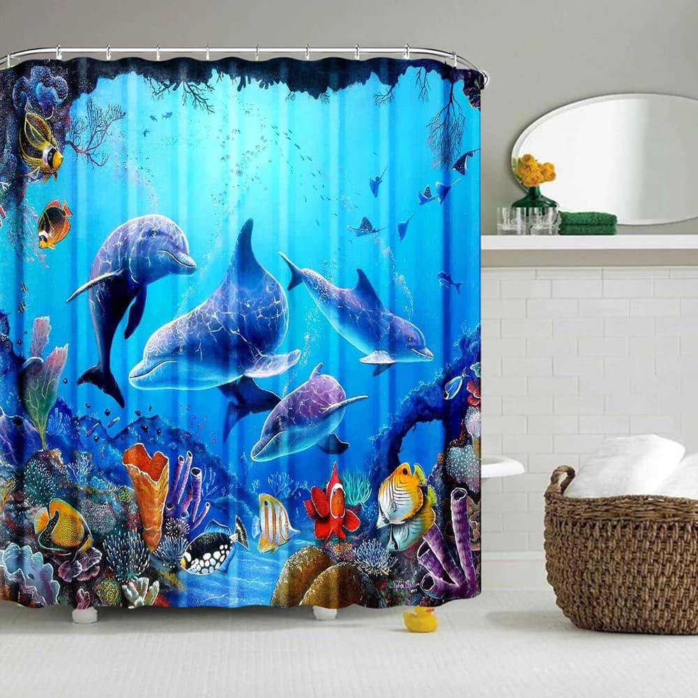 Rideau de douche dauphin bleu, monde sous-marin, vie Marine, tissu en Polyester, thème océan pour en