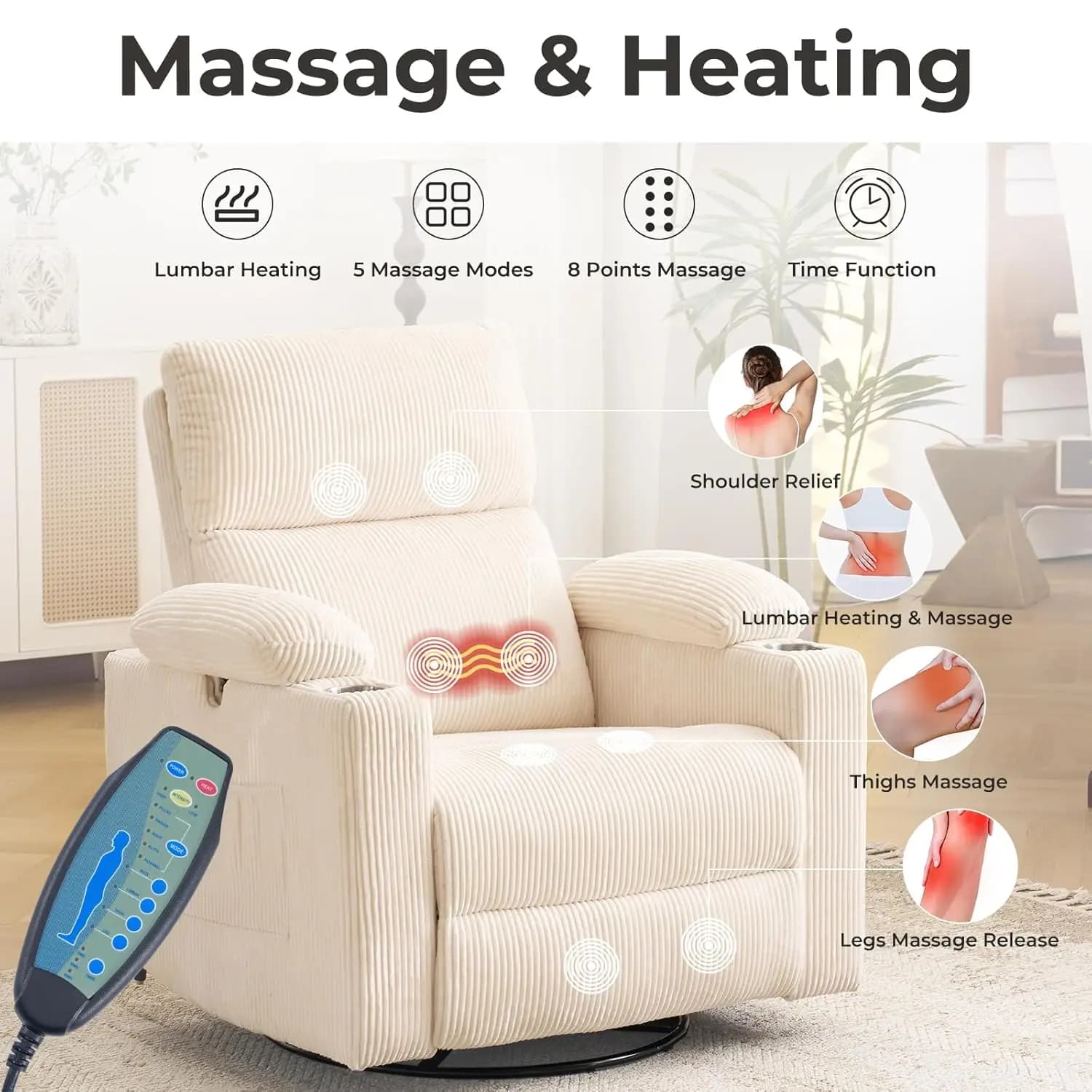Fauteuil inclinable motorisé surdimensionné pivotant avec massage et chaleur, fauteuil inclinable pi