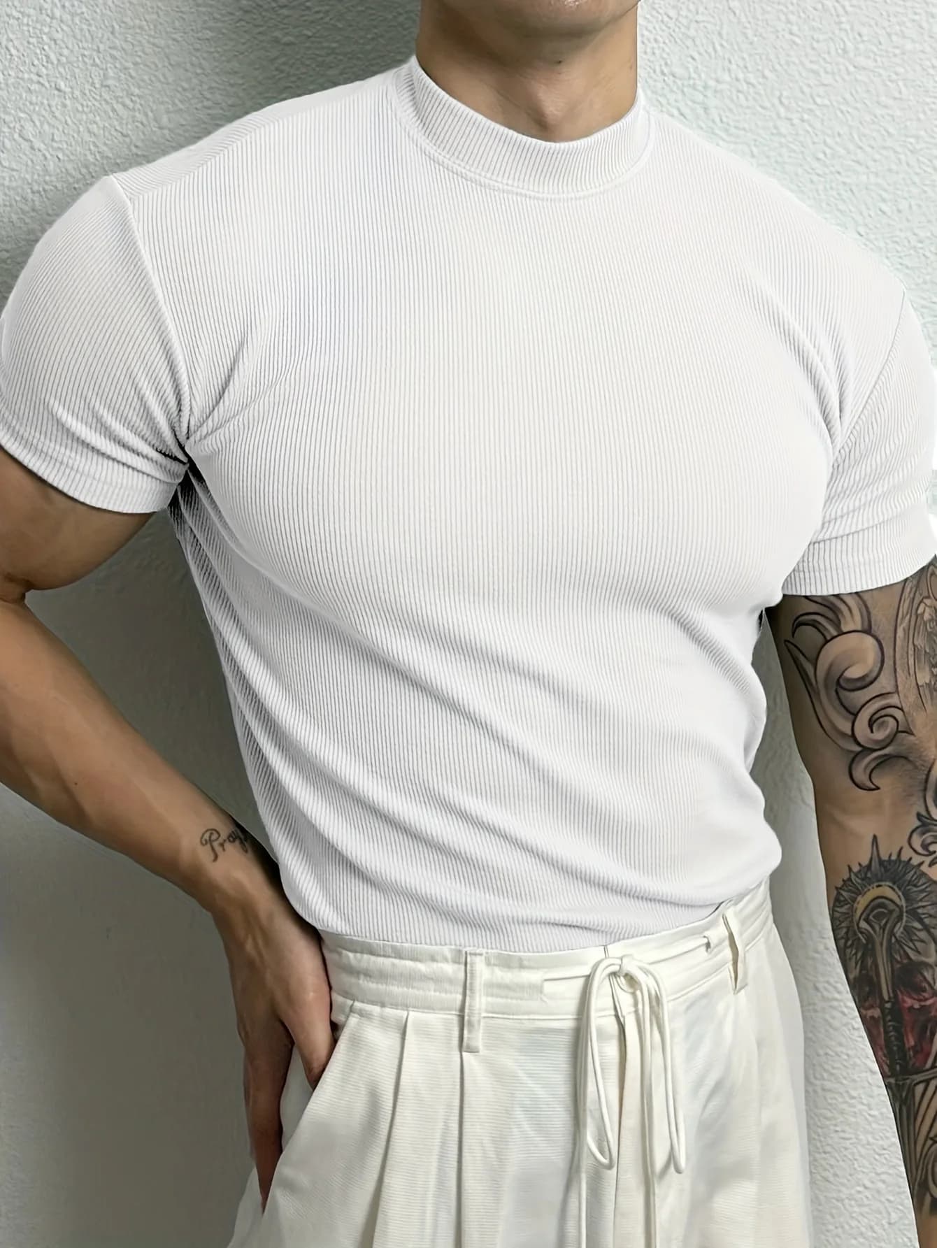 Nouveau T-shirt homme tendance 2026 – Haut de sport à col montant rayé, manches courtes, idéal pour 