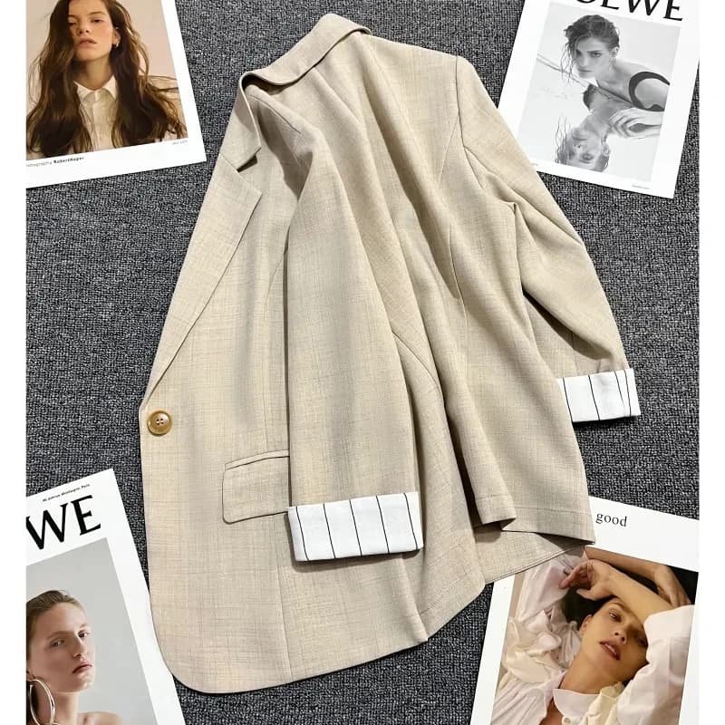 Veste fine rayée avec poignets d'abricot pour femme, manteau imbibé, blazer décontracté, mode coréen
