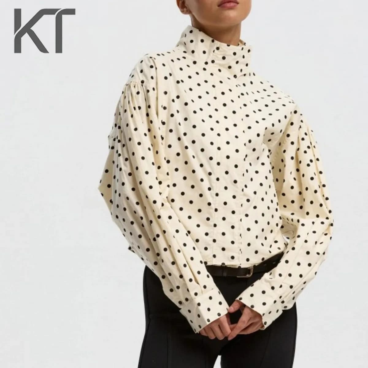 Veste bomber élégante vintage à pois surdimensionnée pour femmes, manches bouffantes, fermeture écla