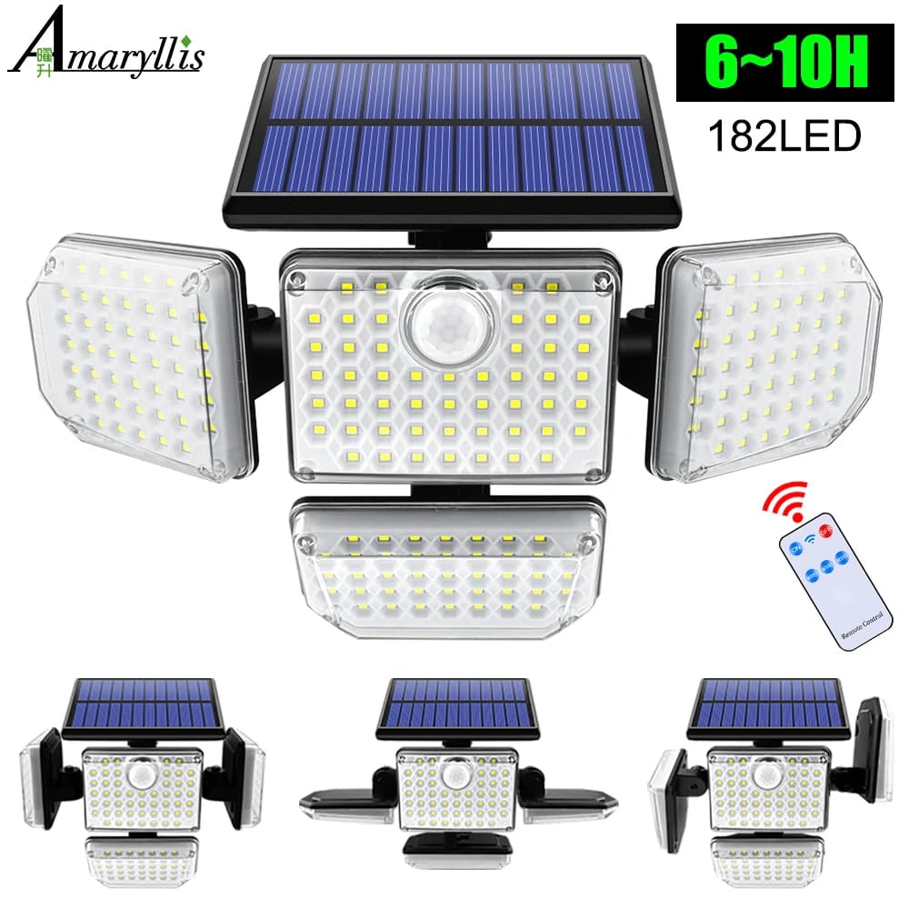 Projecteur de sécurité solaire à 182/112 LED, 3 modes d'éclairage, tête d'éclairage réglable, éclair