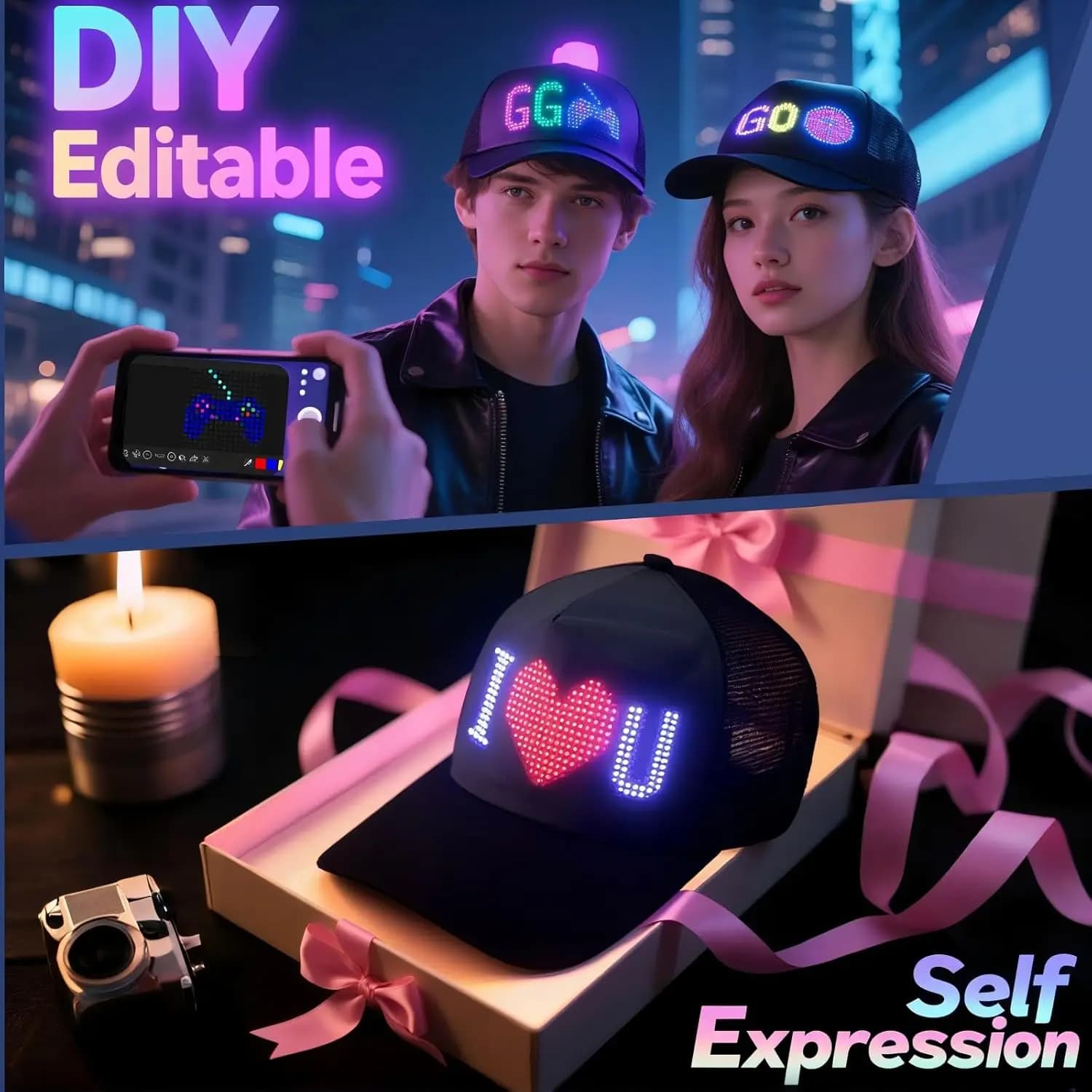 Casquette de baseball LED avec contrôle par application USB, Bluetooth, rechargeable, panneau d'affi
