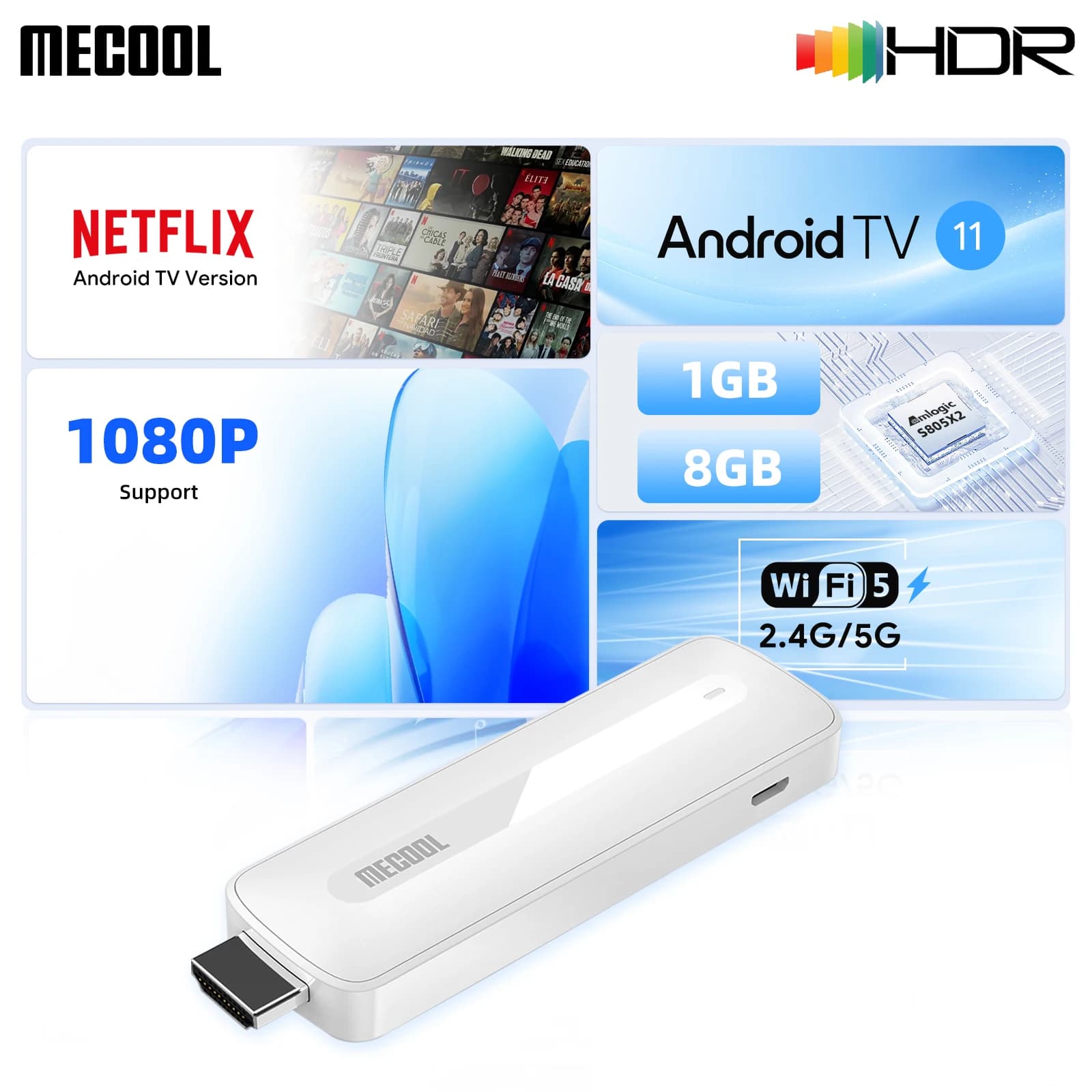 MECOadvocate-Bâton TV KD5 avec 1G DDR4 + 8G Netflix Google ignorez 2.4G/5G WIFI Android 11 Media Rec