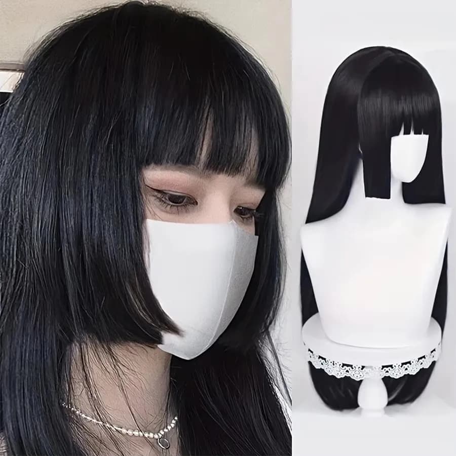 Perruque synthétique noire longue et droite naturelle avec frange, perruque de cosplay Lolita pour f