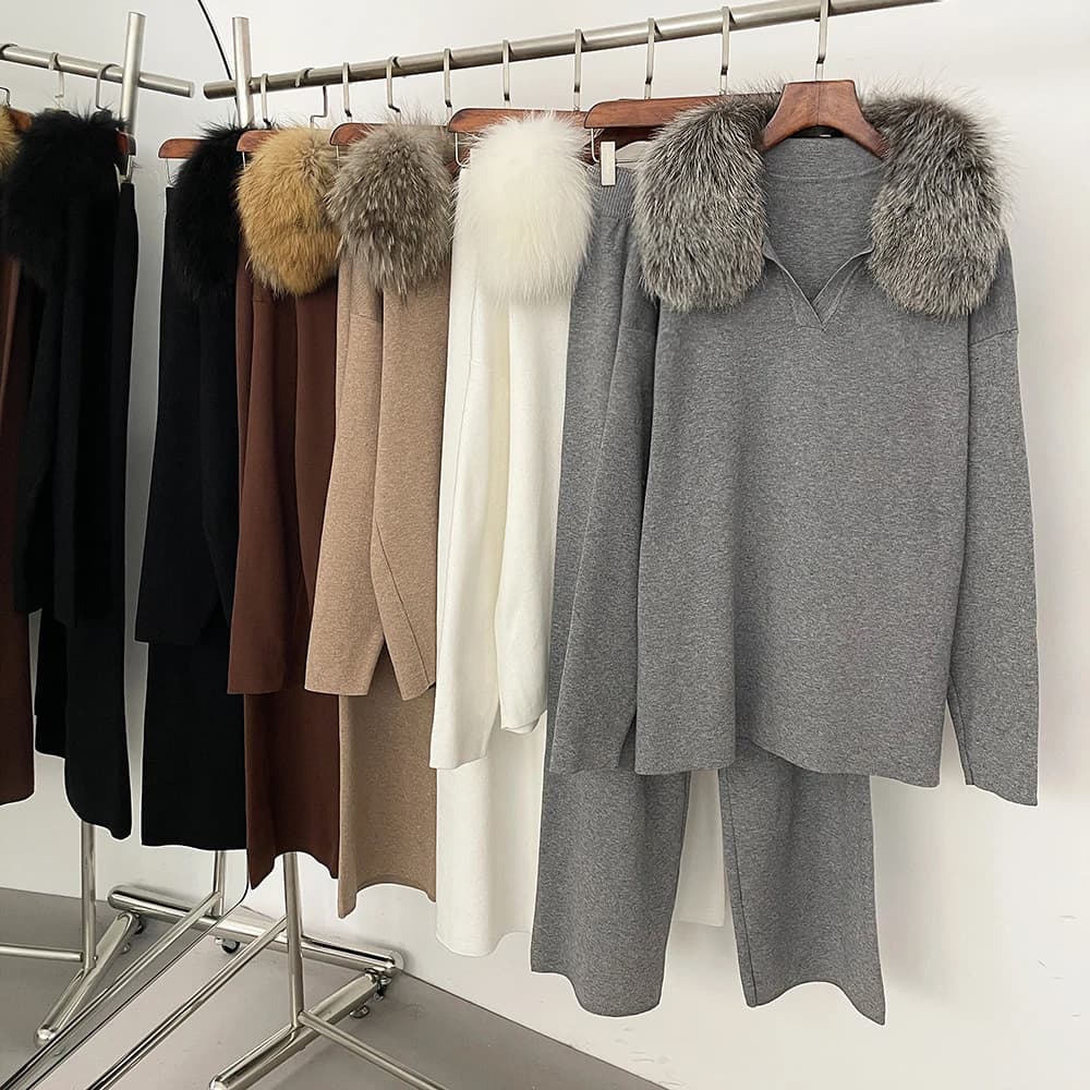 Réalité fourrure veste pull ensemble femme printemps tricoté costume tricots femme réel renard col d