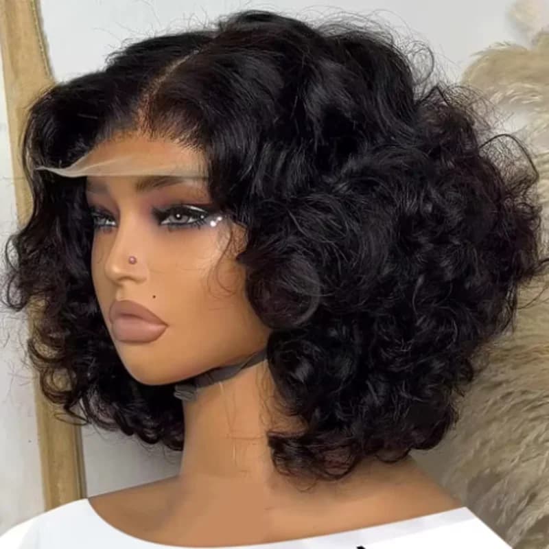 Perruque Courte Bob Ondulée 250% Body Wave HD Lace Frontal en Cheveux Humains, Sans Colle, Perruques
