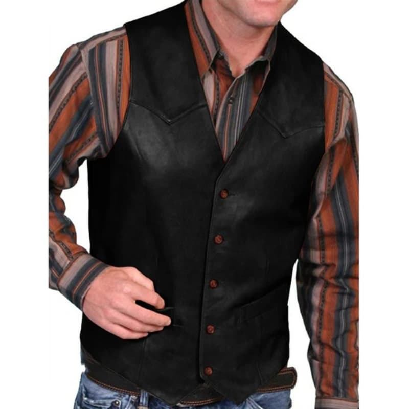 Gilet pour hommes d'affaires européens mode décontracté rétro couleur unie col en v bouton Western s