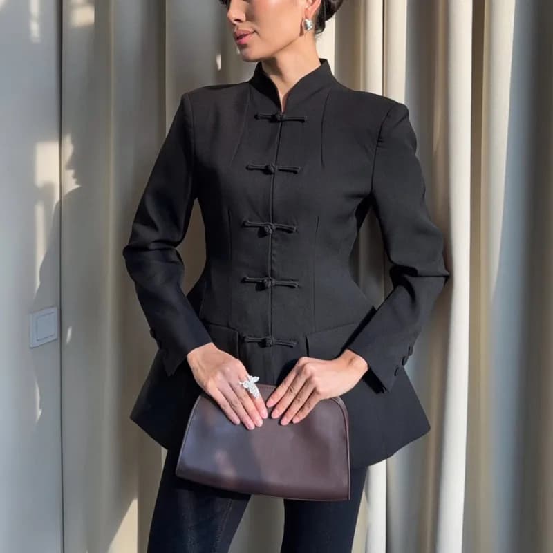 Blazer pour femme BJTZ à col mandarin, manches longues, boutons grenouillère, coupe ajustée, veste d