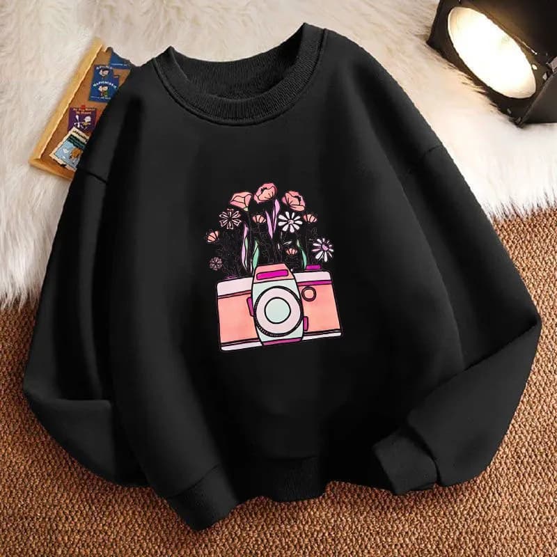 Sweat-shirt à col rond pour enfants, avec imprimé graphique d'appareil photo vintage et de fleurs, s