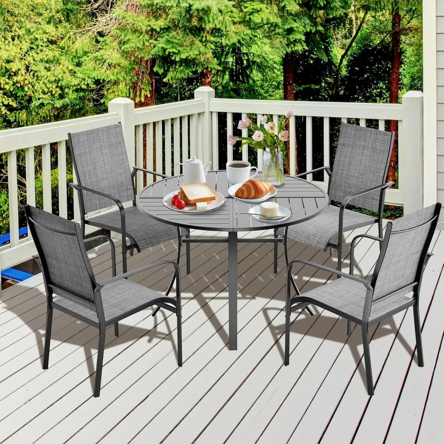 Ensemble de salle à manger de patio rond 5 pièces avec table en aluminium de 42 pouces et 4 chaises 