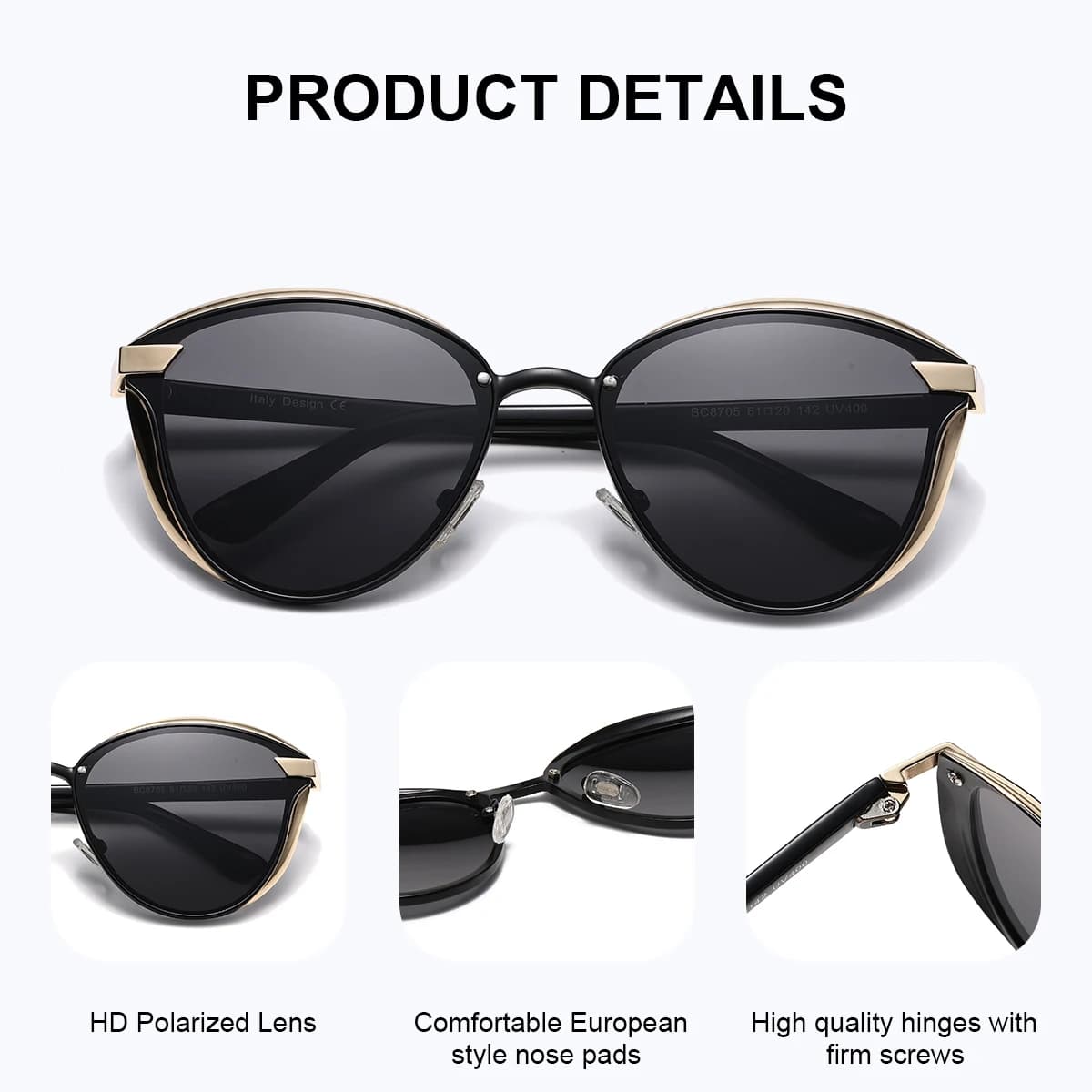 BARCUR Lunettes de soleil exquises de style vacances, montures œil de chat, accessoires de mode rési