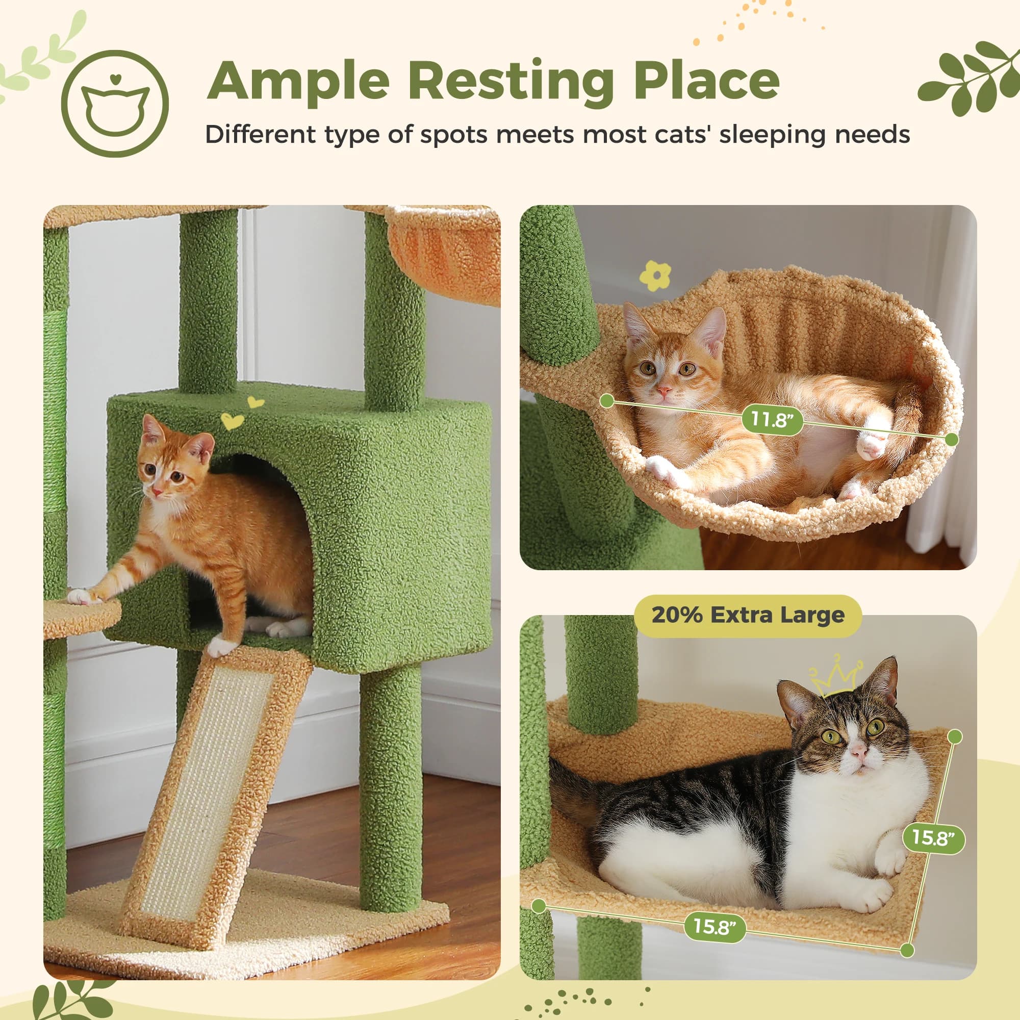 Arbre à chat Cactus du sol au plafond, tour à chat réglable en hauteur avec Hamac confortable pour c