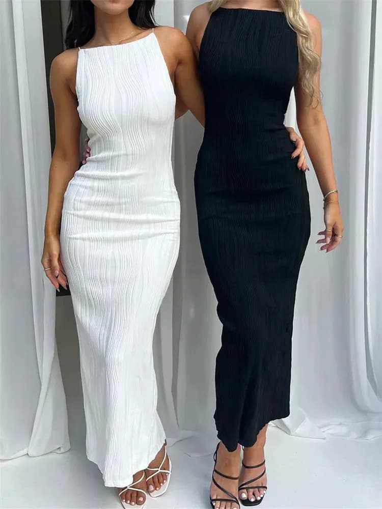 Robe longue froncée en fibre pour femme, robe fendue au dos, monochromatique, mince, sexy, fête, ten