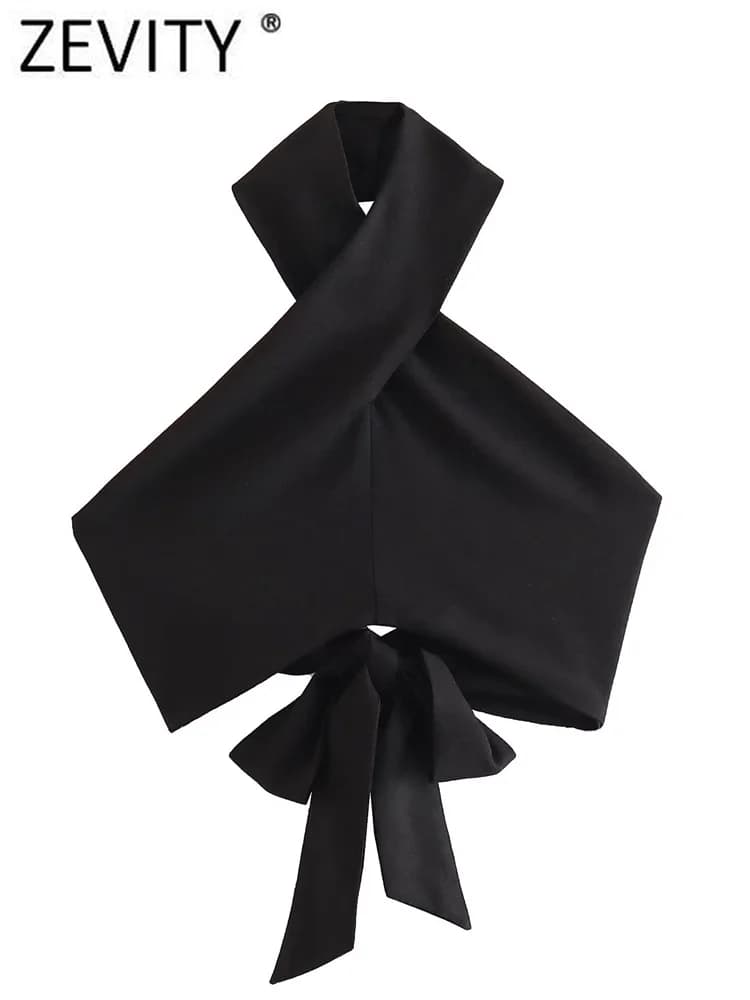 Zevity femmes Sexy sans manches dos nu nœud noué noir licou Blouse Femme sangle croisée chemise cour