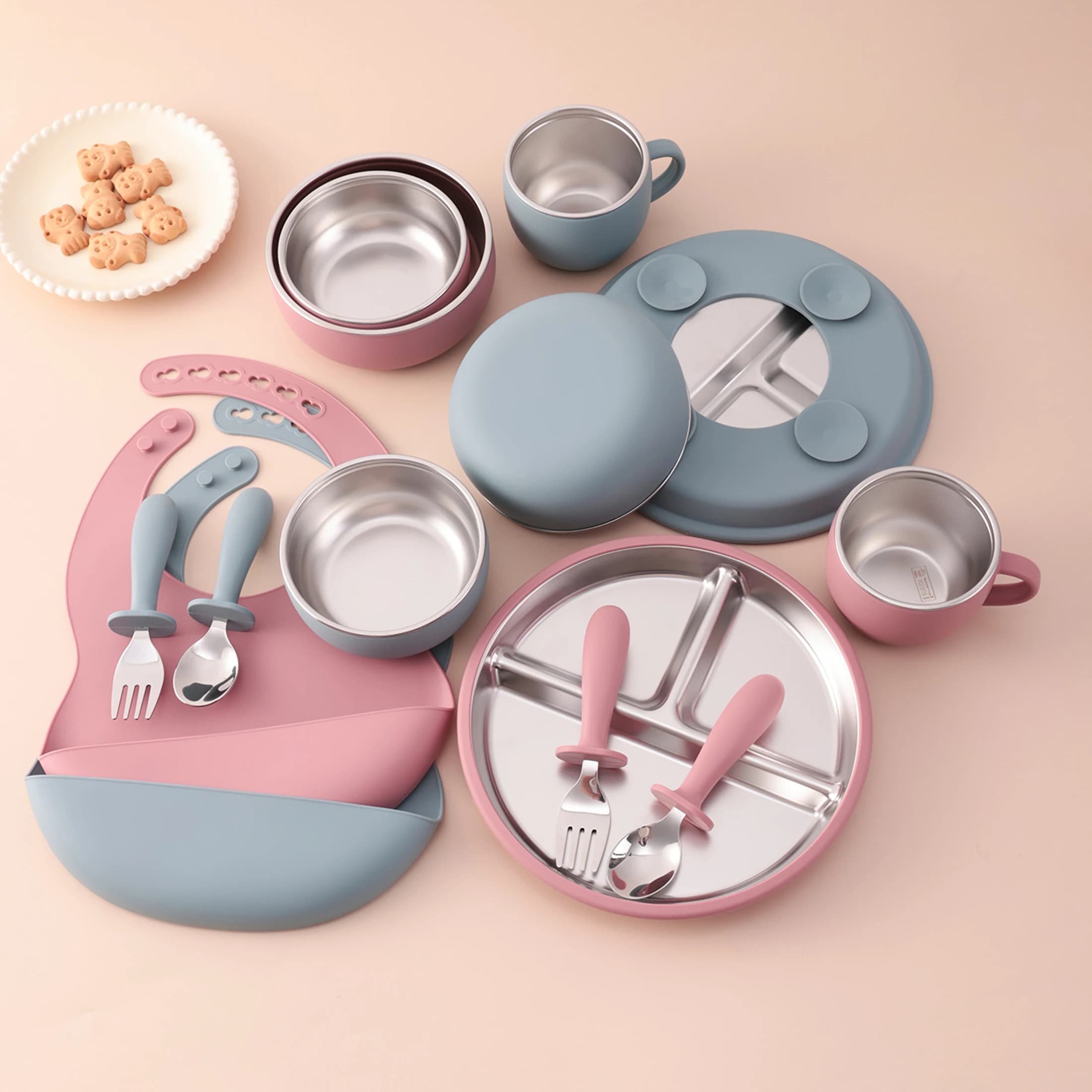 Couleur enfants 7 pièces en acier inoxydable et Silicone ensemble d'alimentation ventouse plats assi