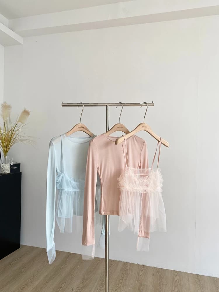 Coréen en mousseline de soie jarretelle à manches longues T-Shirt femmes rose maille épissé T-shirt 