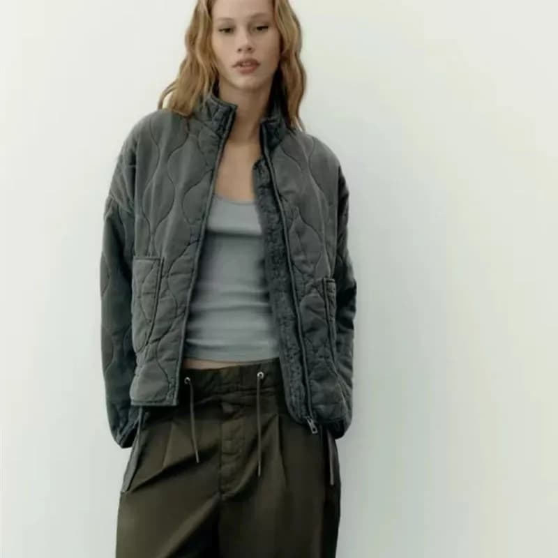Nouvelle veste en coton pour femme 2025, style ample vintage, col montant, fermeture éclair, grandes
