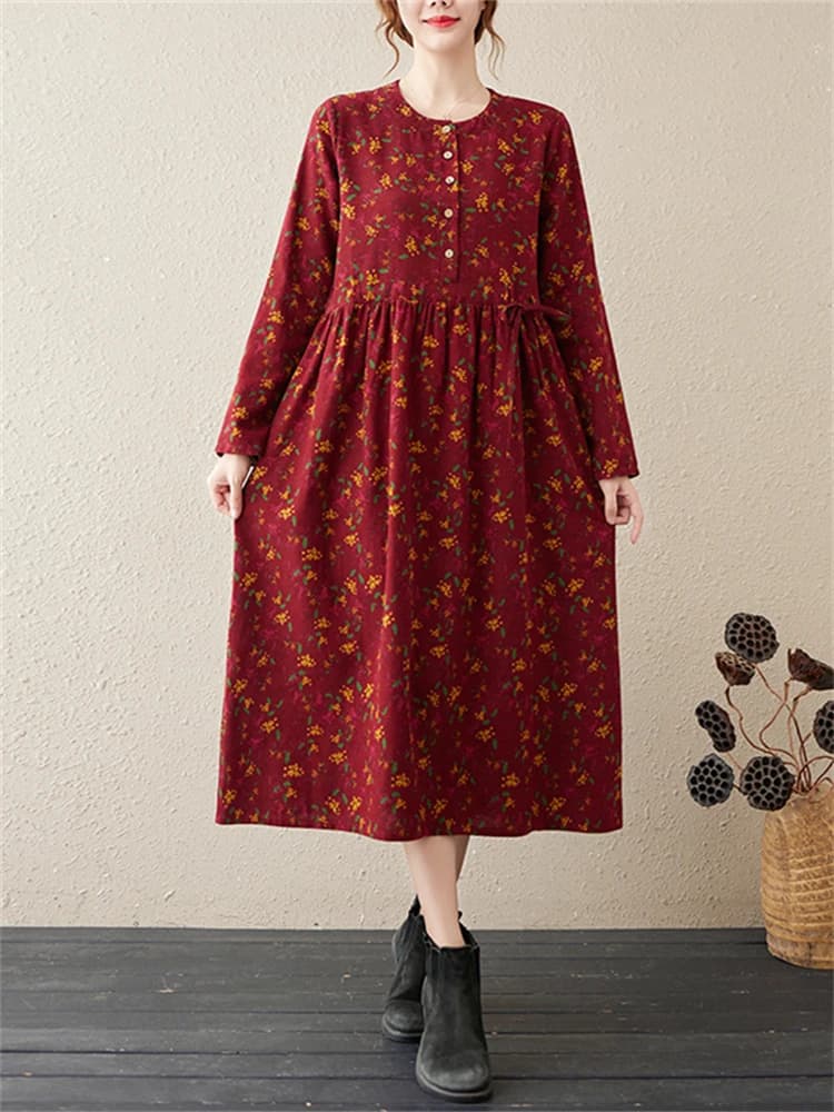 Robes à manches longues en coton et lin à imprimé floral vintage pour femmes, nouvelle collection pr