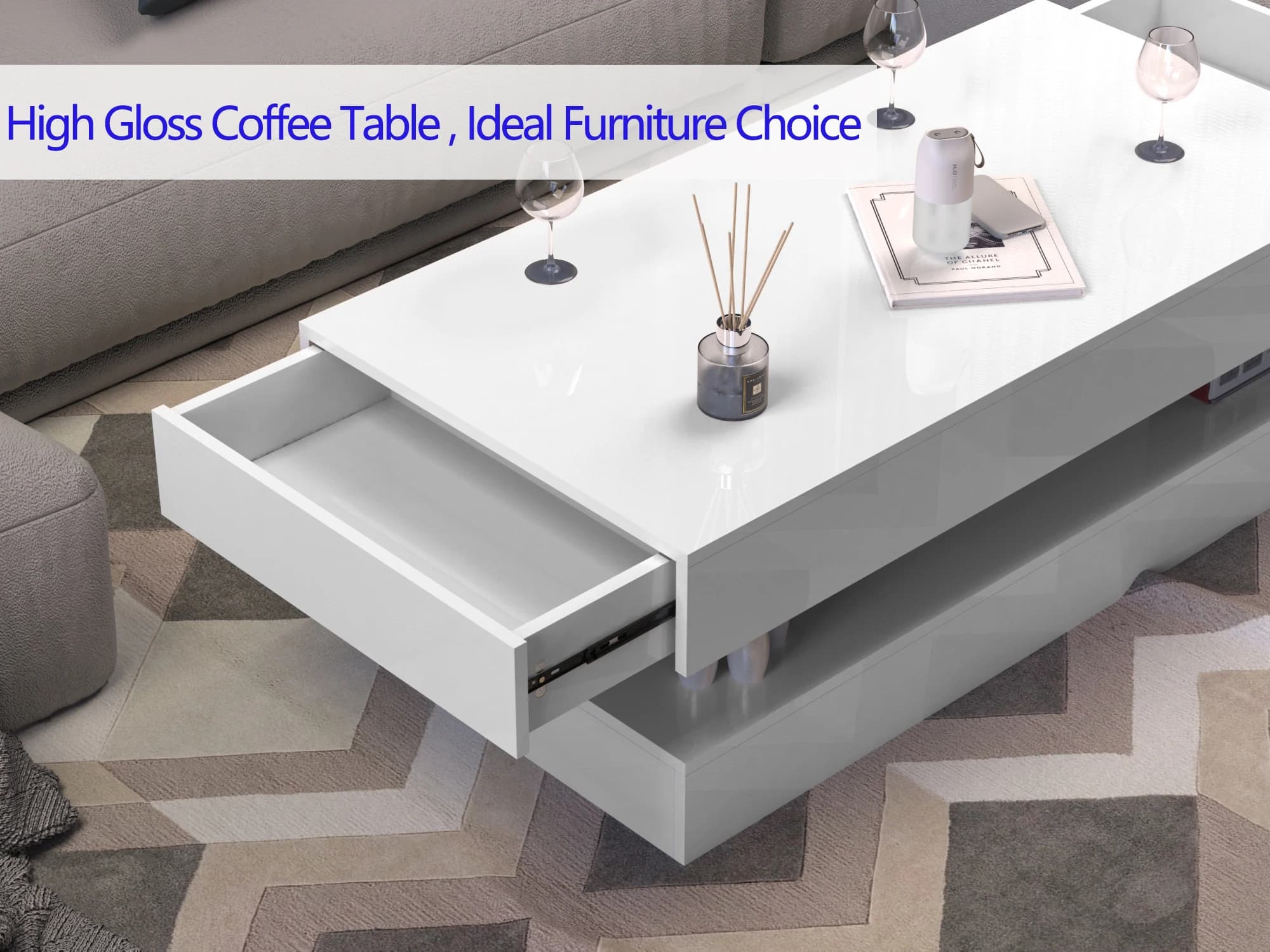 Table basse LED à haute brillance, table centrale moderne avec 2 rangements à proximité, 47,3 pouces