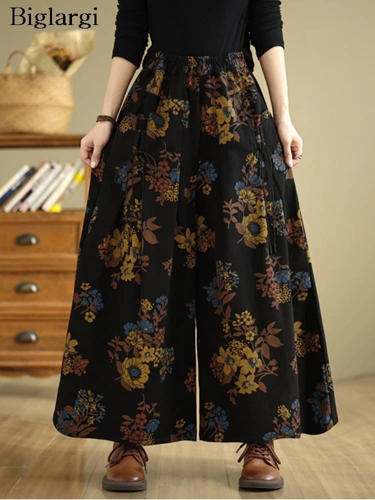 Jean rétro automne fleur imprimé fleuri mode élastique taille haute dames pantalon surdimensionné lo
