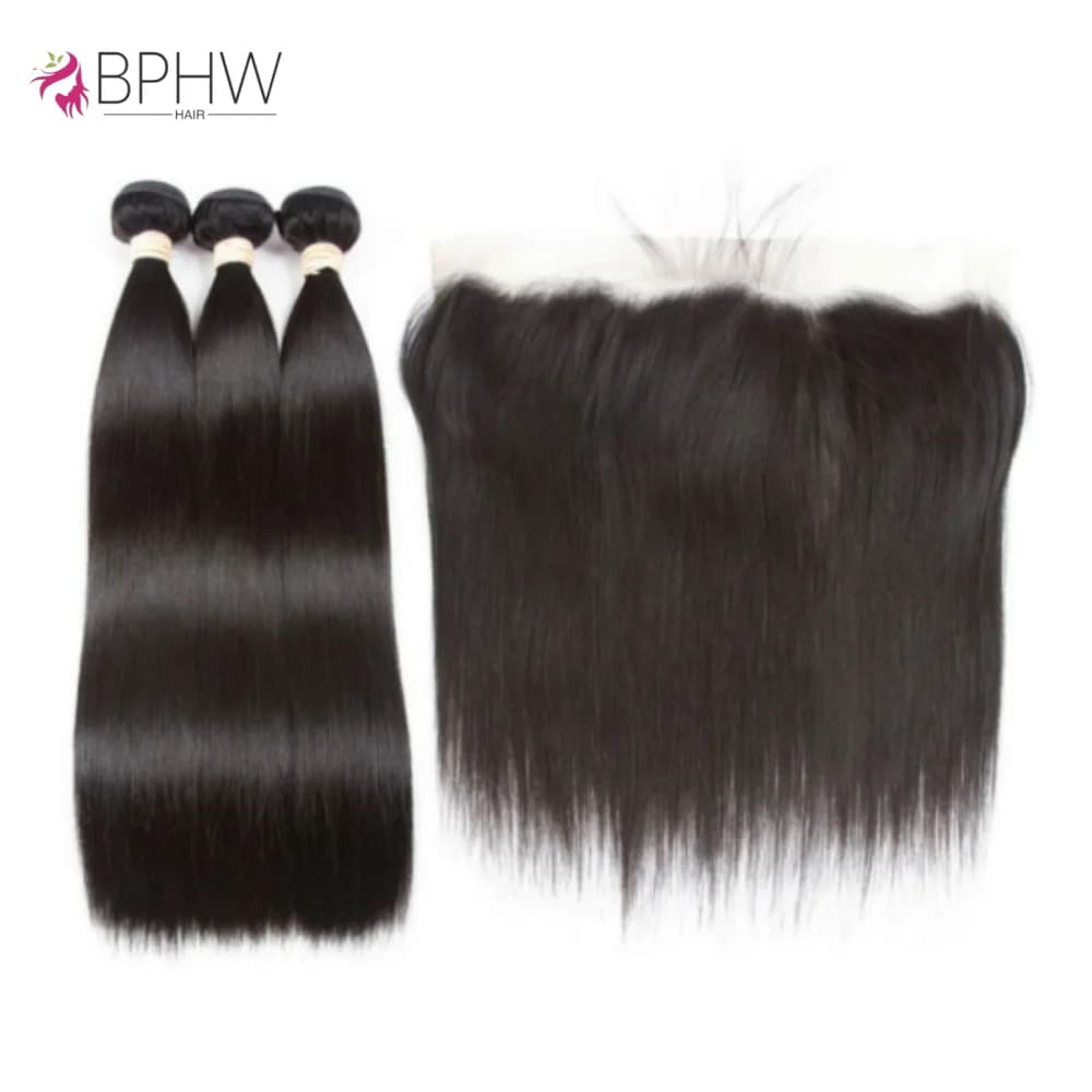 Cheveux Humains Lisses 3 Paquets avec Fermeture Frontale en Dentelle HD Transparente 13x4 4x4, Paque