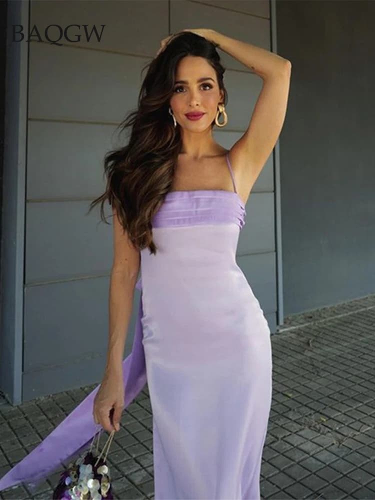 Robe mi-longue élégante à nœud papillon violet pour femmes, robe à bretelles mince, robe de soirée c