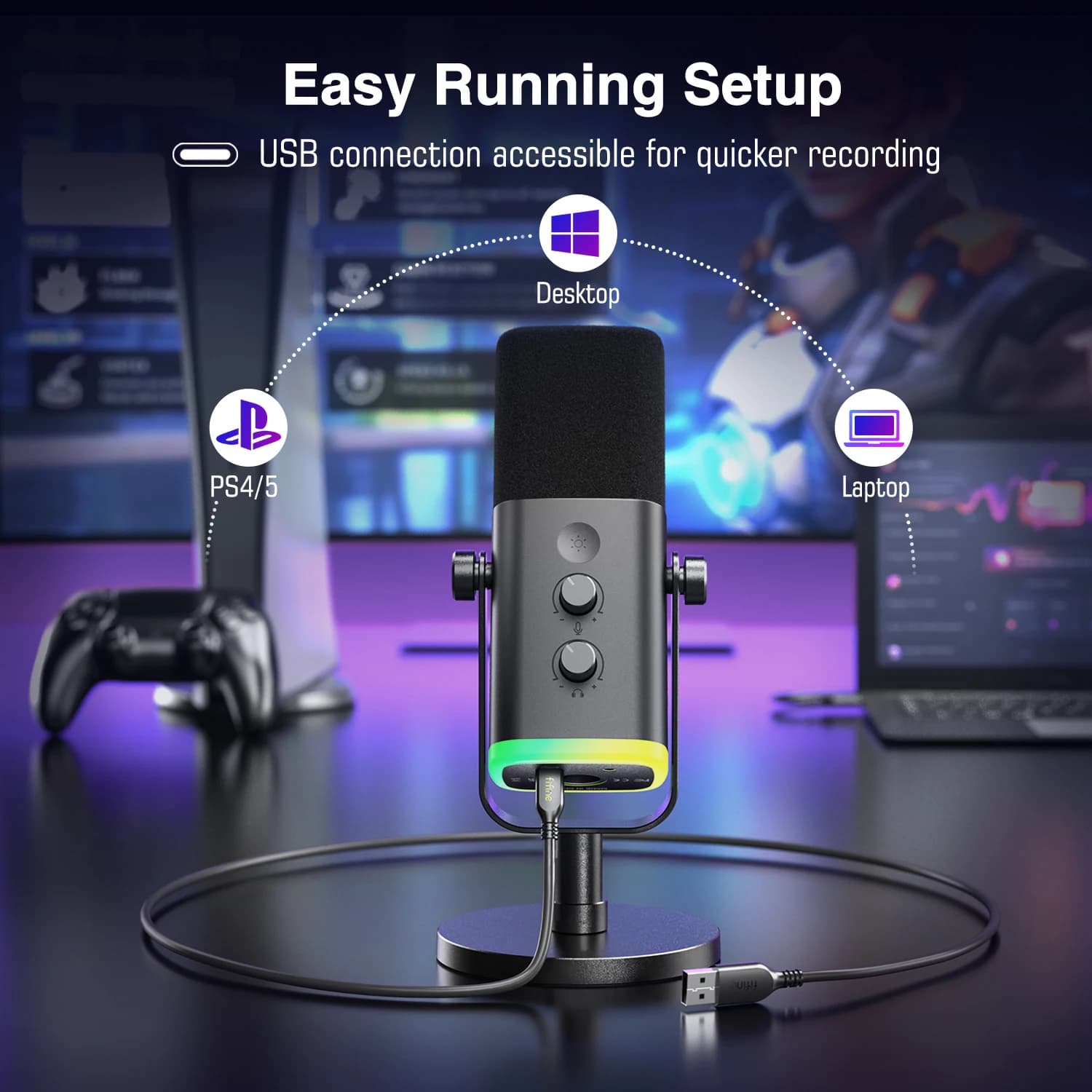 FIFINE-Microphone dynamique USB/XLR avec contrôle RVB/prise téléphonique sauna/muet, MIC pour PC Gam