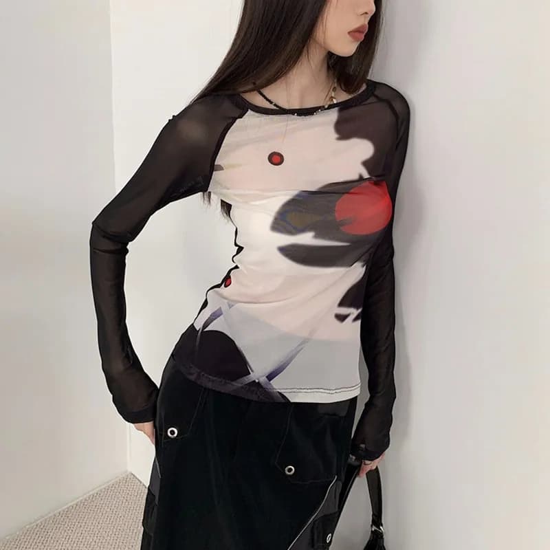 T-shirt en maille Karrcat cyber-y2k, hauts imprimés Grunge esthétique japonais Harajuku, teinture pa
