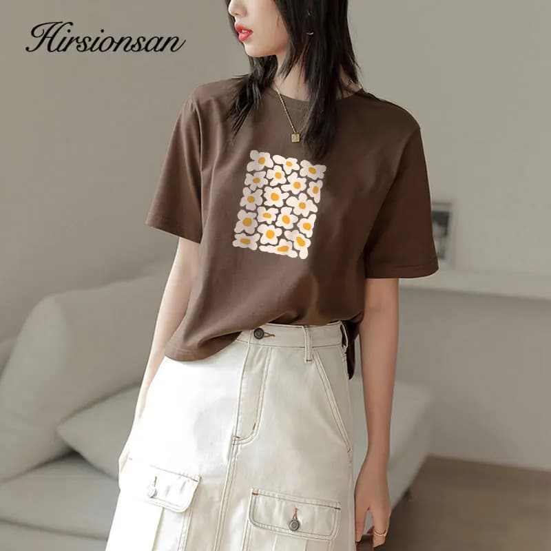 Hirsionsan – t-shirt manches courtes pour femme, basique, 2023 coton, imprimé petite marguerite, sty