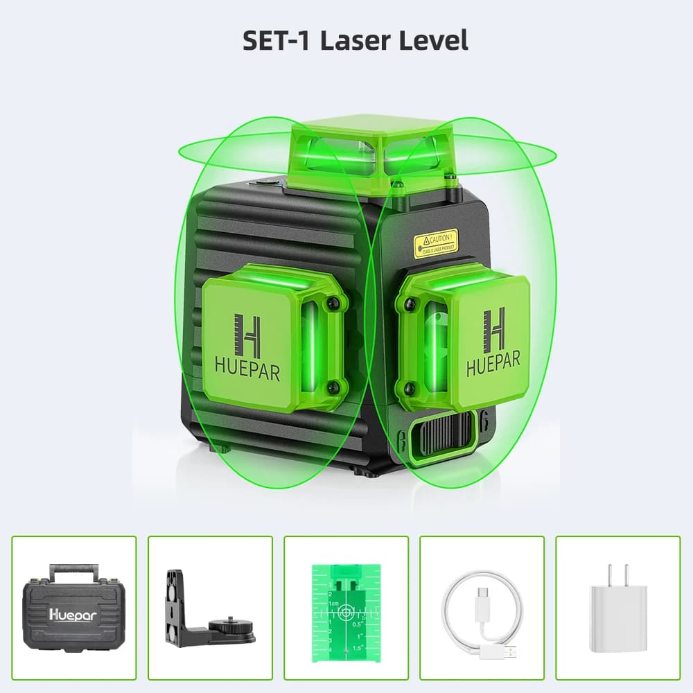 Huepar-Niveau laser 12 lignes 3D, lignes vertes, transversales horizontales et verticales, 360 °, au