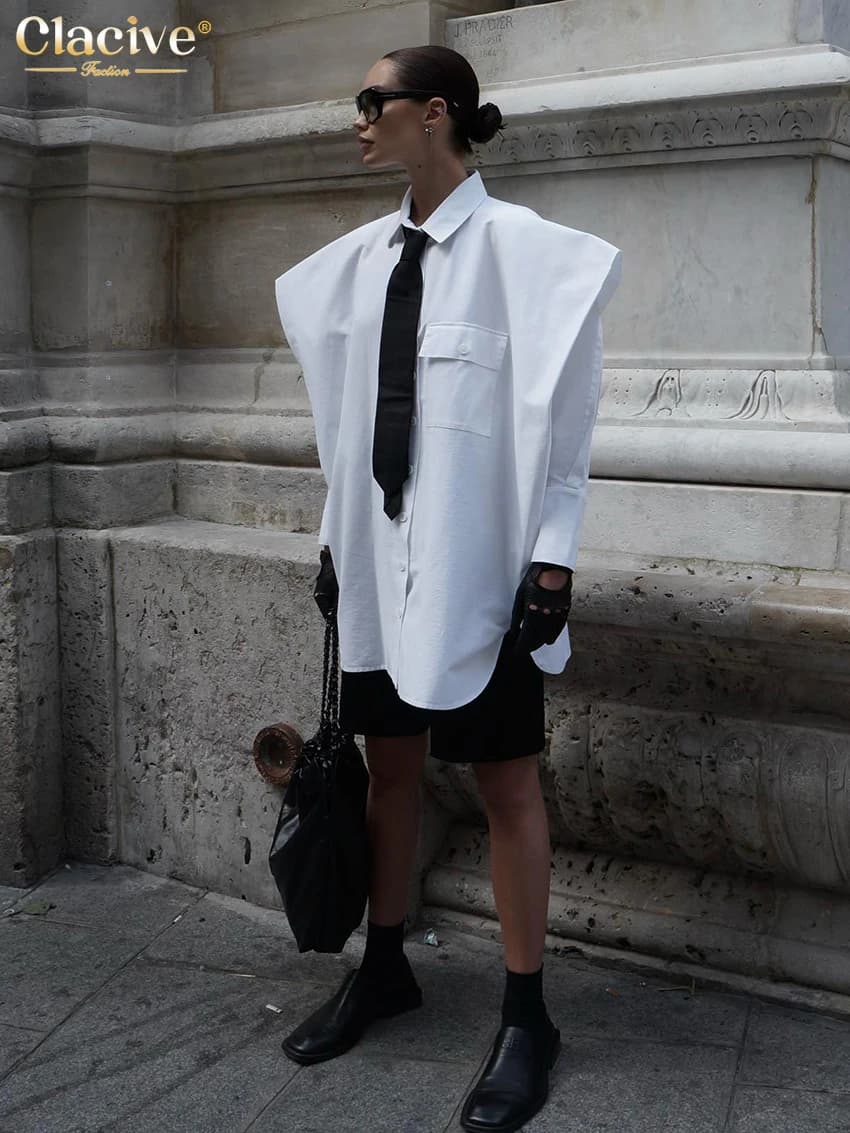 ClacMarkets-Chemisier Blanc à Manches sulfpour Femme, Streetwear, Élégant, Chic, avec Poche, à la Mo