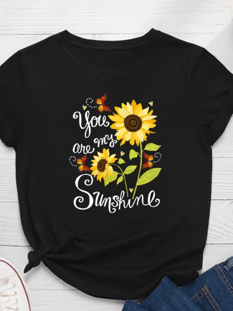 T-shirt manches courtes col rond femme, ample, You Are My Sunshine, imprimé tournesol