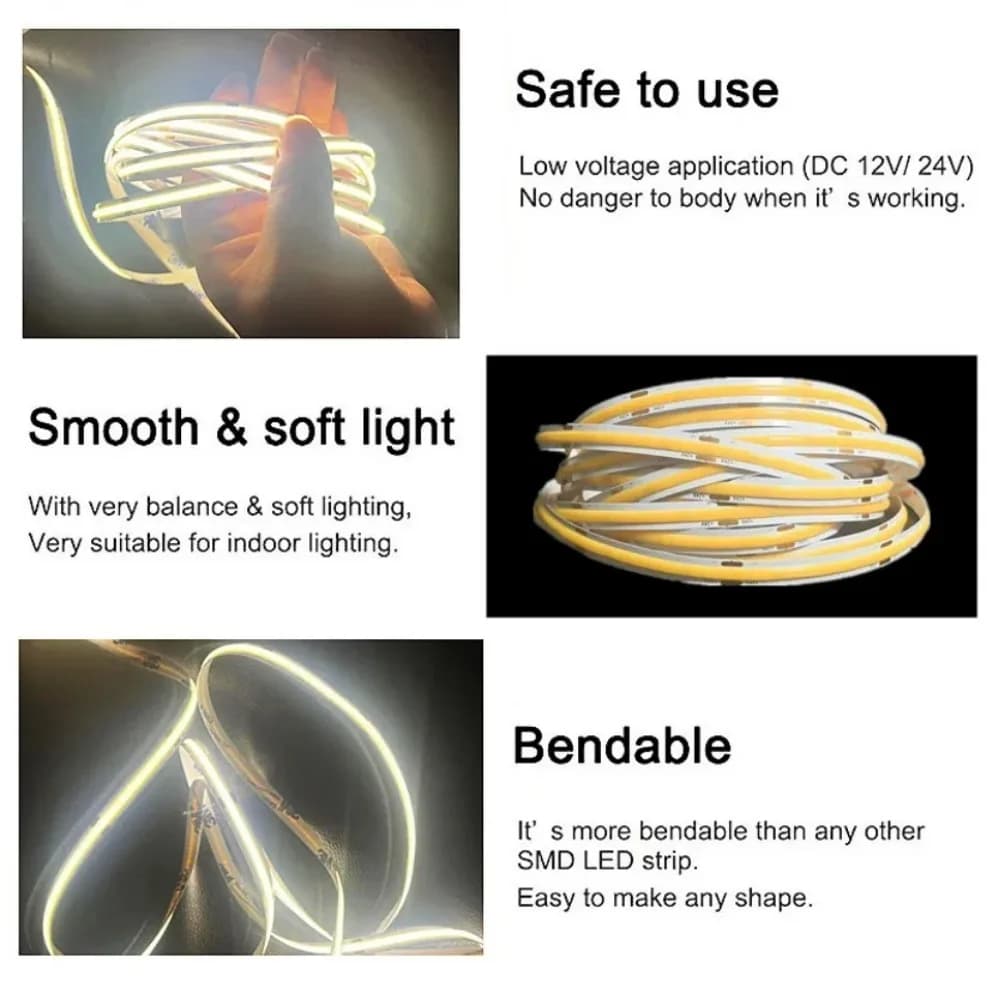 Bande Lumineuse LED COB à Haute Densité, Ruban Flexible, 320-480 K, RA90/RA95, DC12V 24V, 3000 6500 