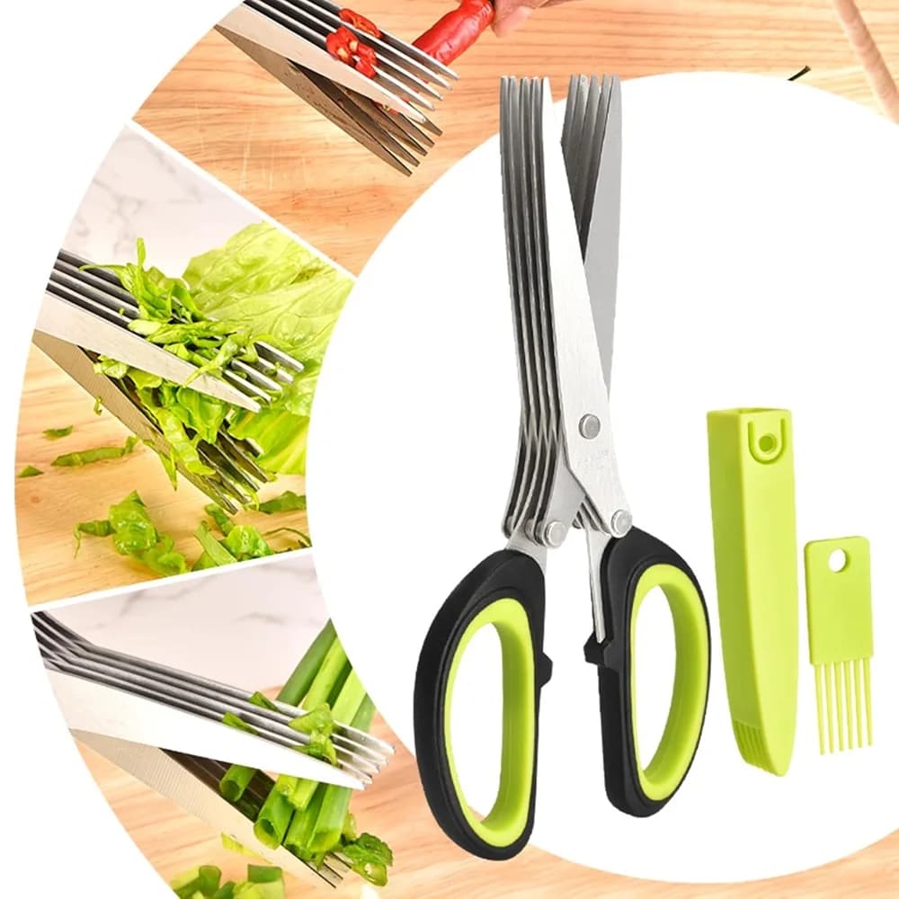 Ciseaux multicouches de cuisine, 5 lames, coupe-oignon en acier inoxydable, algues, épices, herbes, 
