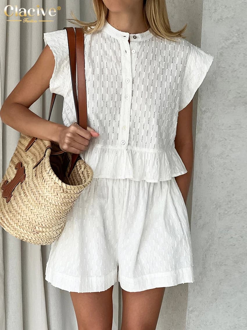 ClacMarkets-Ensemble 2 Pièces Décontracté pour Femme, Haut en Fibre Précieuse, Blanc, Taille Haute, 