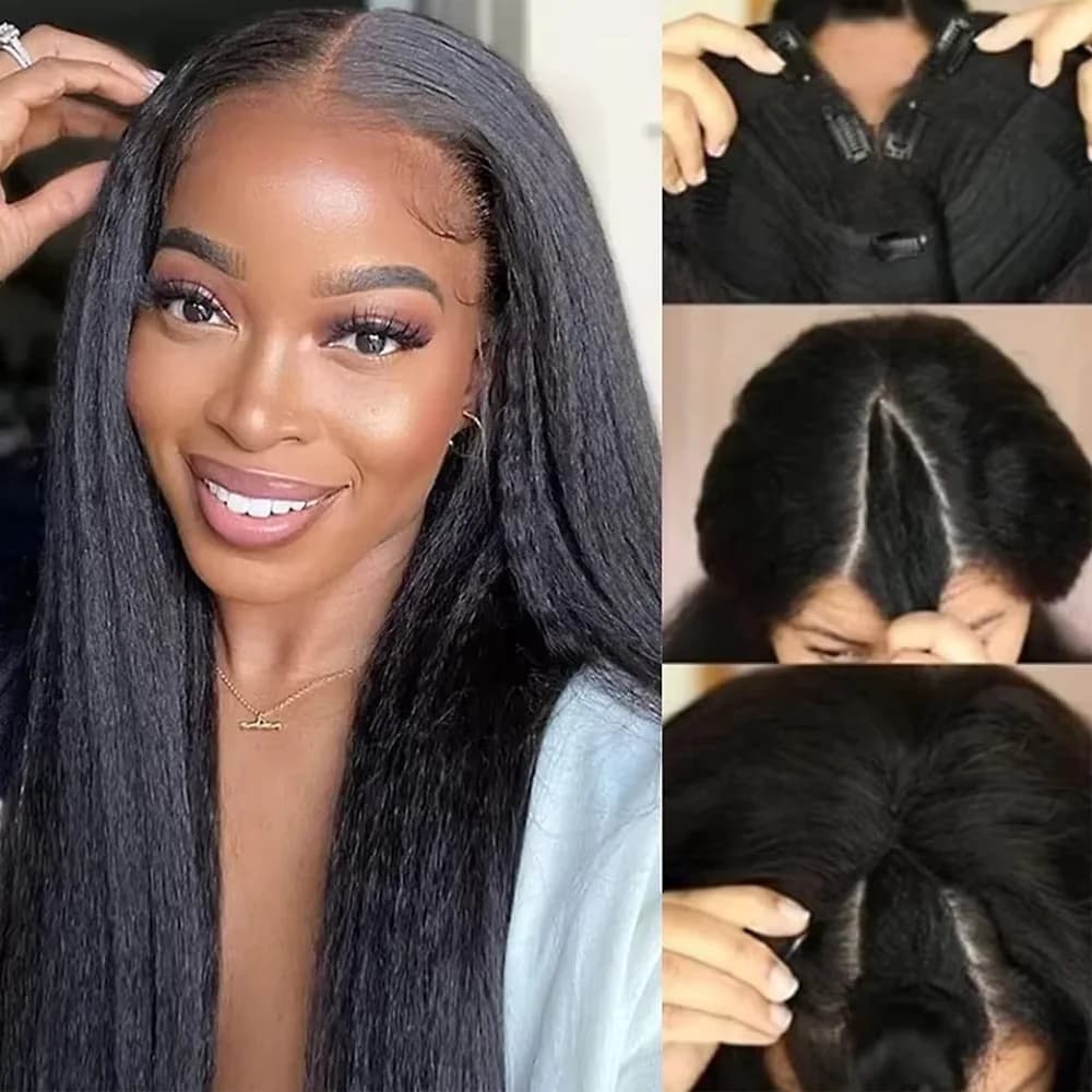 Perruque V-Part Kinky Straight en Cheveux Humains pour Femmes avec Cordon de Serrage, Densité 250 Am