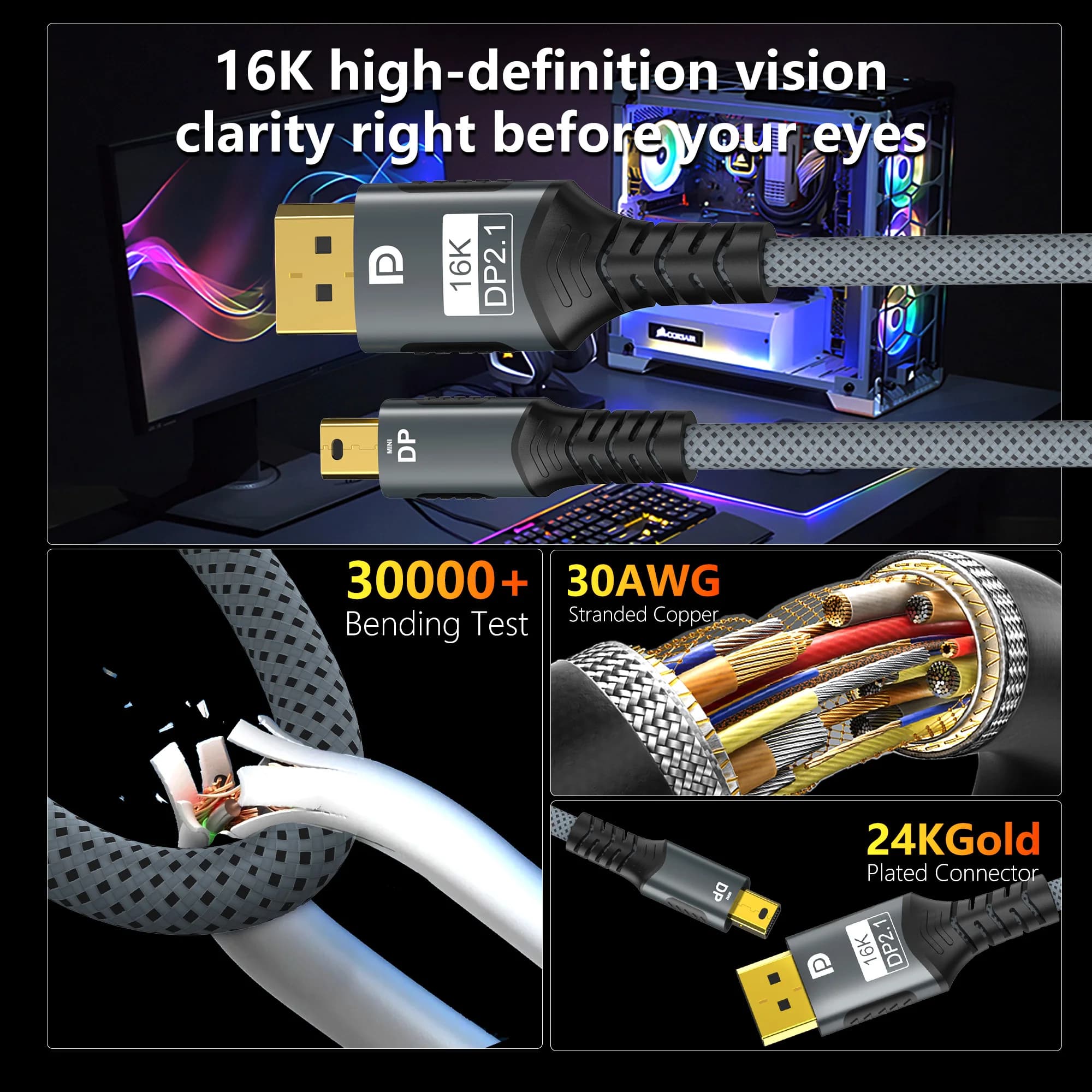 Câble Mini DP vers DisplayPort 8K DP1.4, câble de Transmission de Conversion bidirectionnelle 16K @ 
