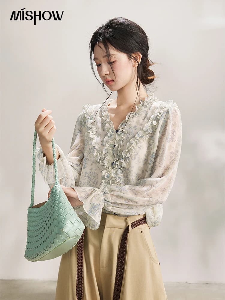 MISHOW – chemisier à volants pour femmes, bleu clair, imprimé Paisley, col en v, manches longues, en